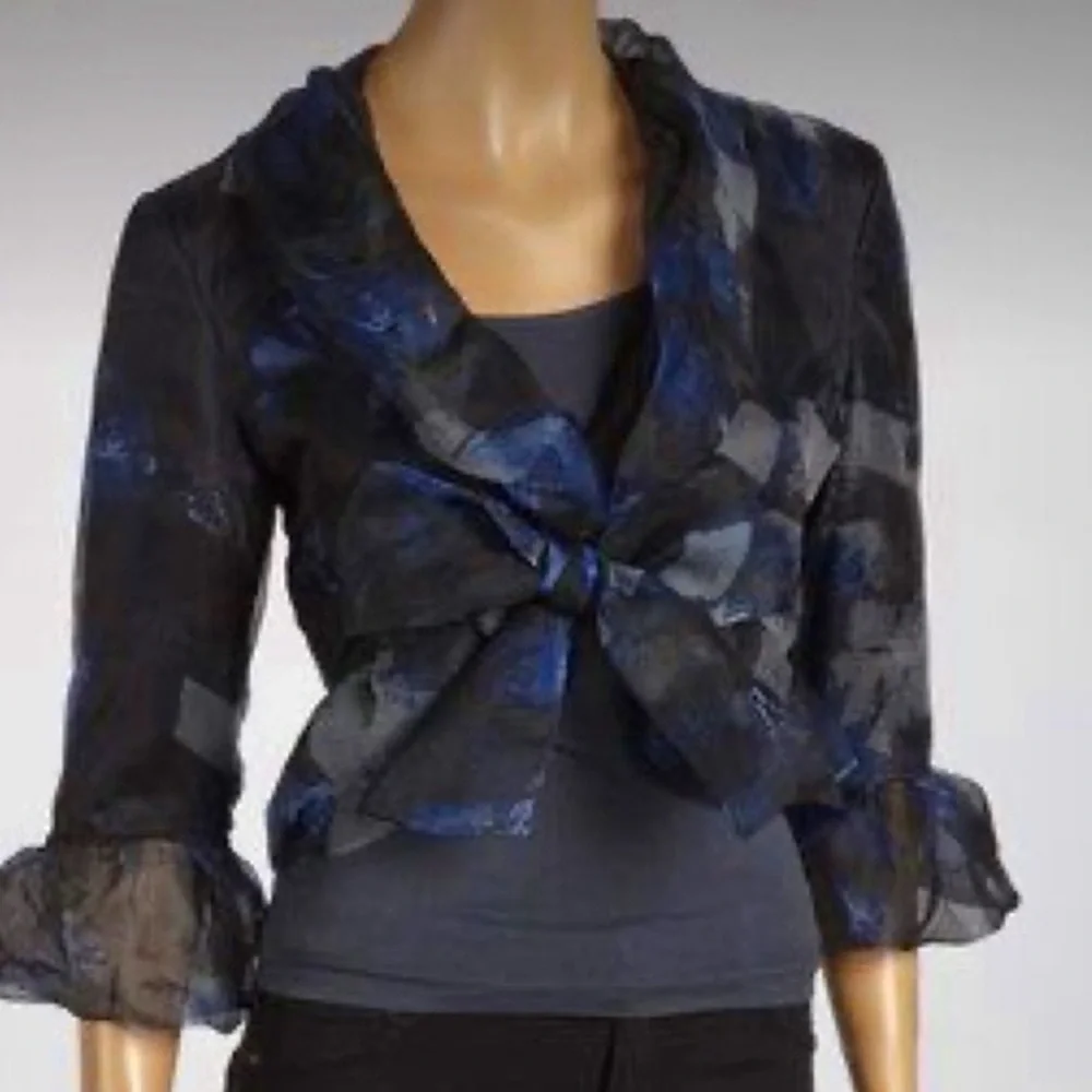 Samuel Dong 100% Silk Organza Crop Bolero Jacket, Blue/Black/Gray Print, Sz S - Picture 12 of 12